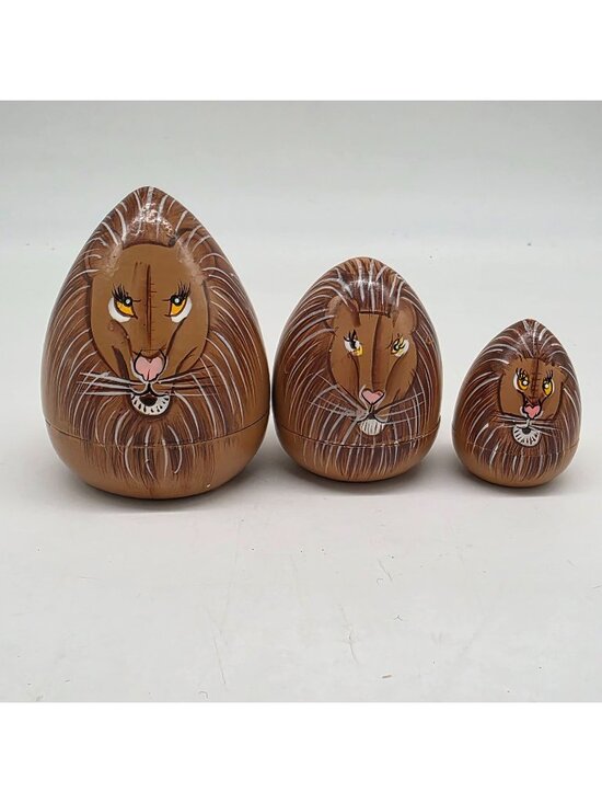 Other - Wooden Nesting Dolls Lion Design Set Of 3 Brown & Tan Colors Handpainted
